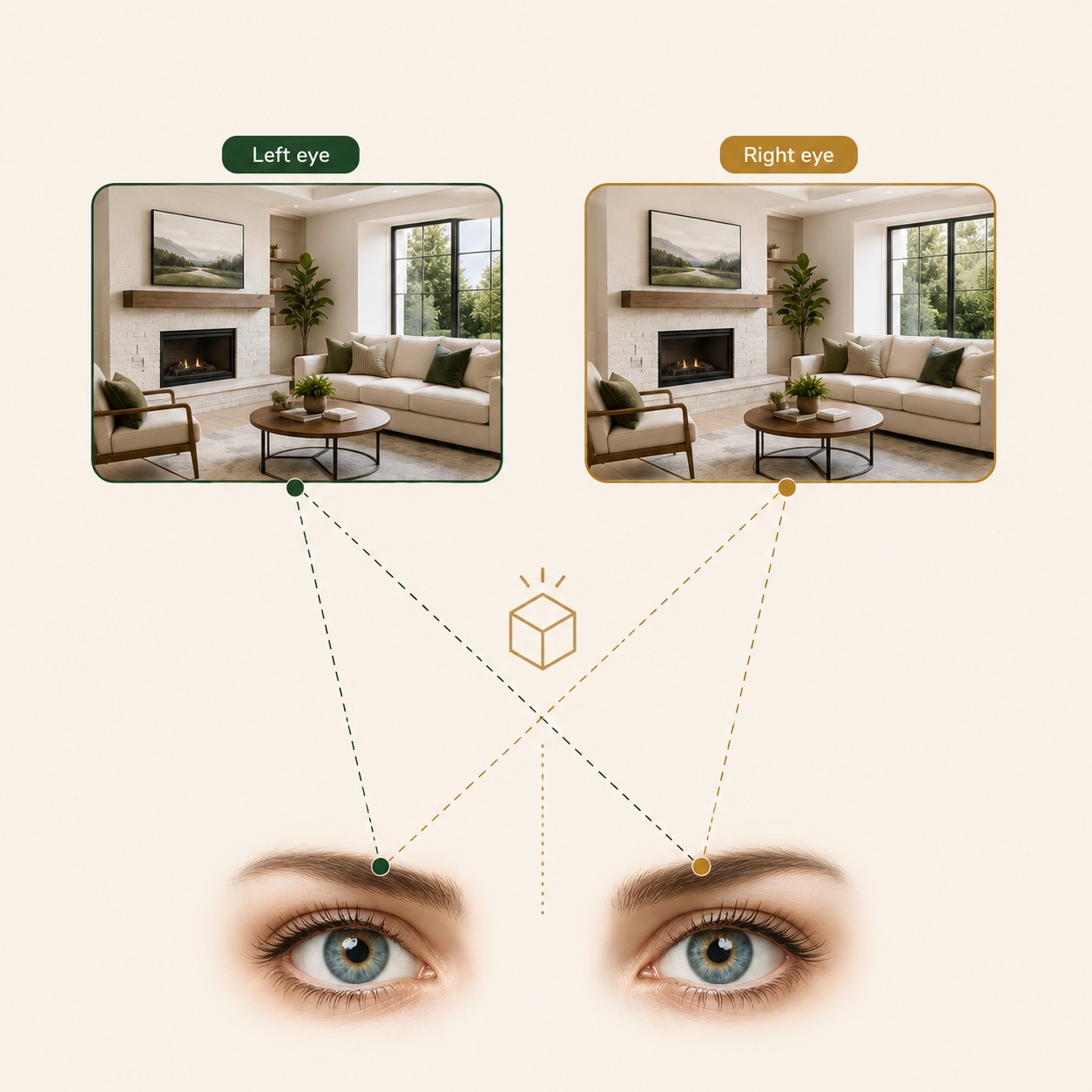 Simple stereoscopic depth diagram showing left eye and right eye views combining into a 3D sense of depth.