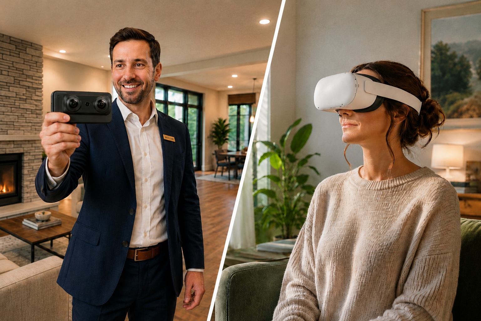 A realtor capturing a home with a VR 180 camera on one side and a woman viewing the home in a VR headset on the other.