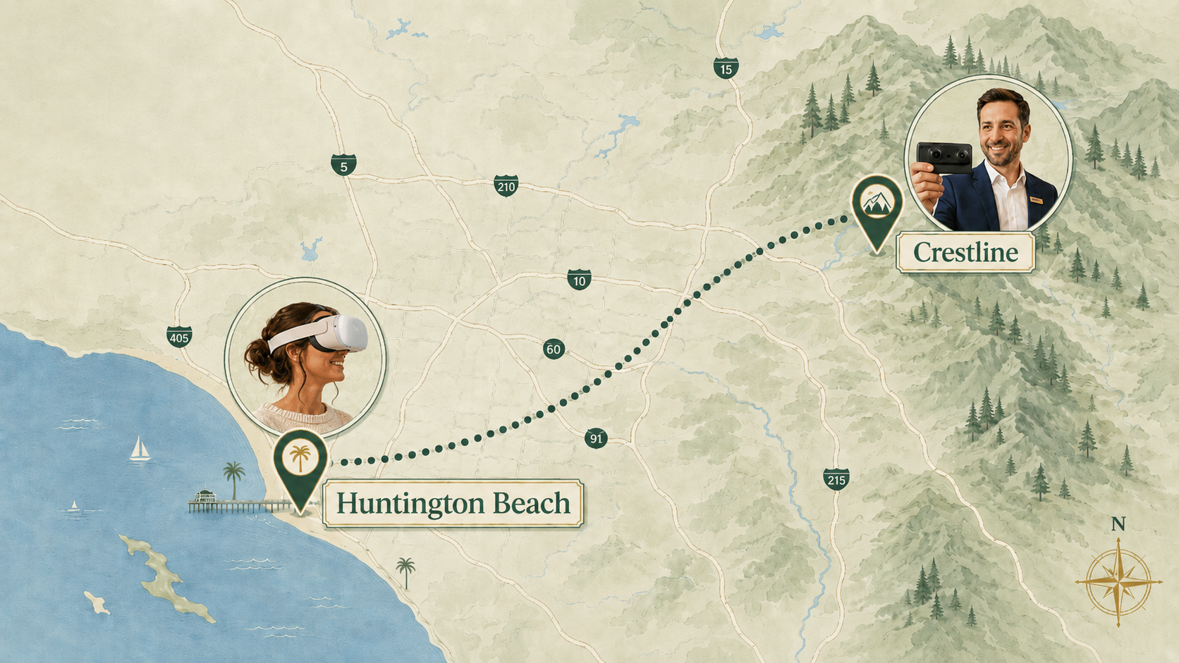 Illustrated map showing the route from Huntington Beach to Crestline.